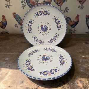 PV Deruta Blue Rooster Salad Plates, Set Of 2, Vintage Floral Farmhouse Dishes